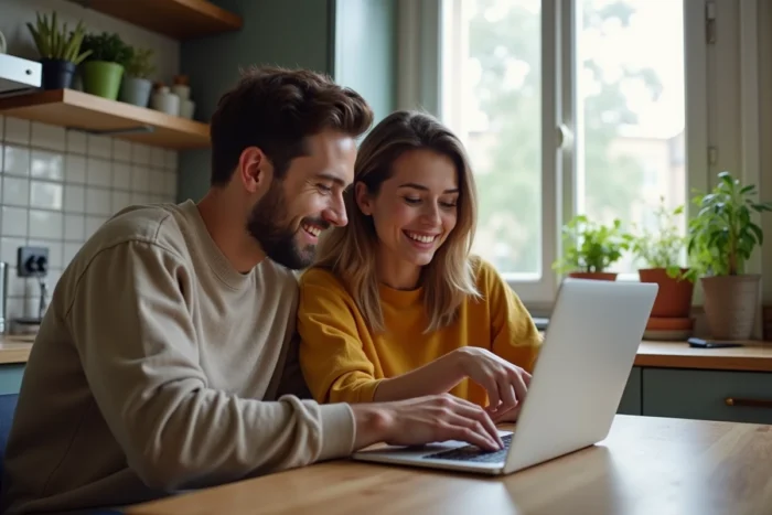 Couple recherchant un logement social sur un ordinateur portable dans leur cuisine