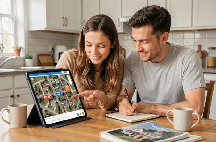Couple utilisant Google Maps sur tablette pour rechercher une maison à acheter dans leur cuisine