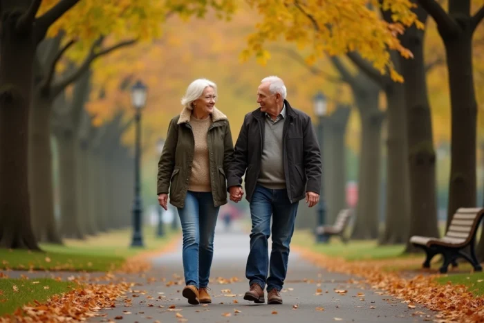 Couple de retraités d'une soixantaine d'années se promenant dans un parc en automne, symbolisant une retraite sereine à 60 ans avec tous les trimestres validés