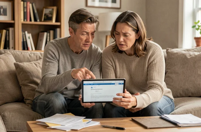Couple à domicile consultant leur tablette pour envoyer un email à Cetelem concernant un projet de crédit commun