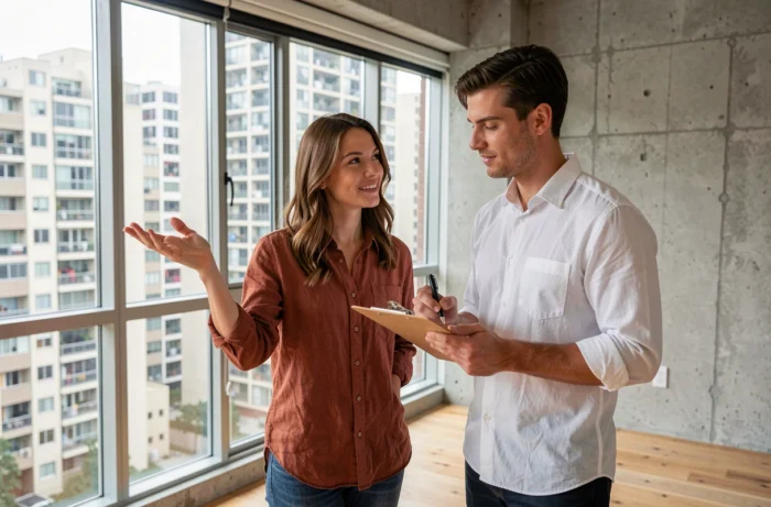 Couple visitant un appartement vide en zone tendue avec vue sur un paysage urbain dense lors d'une visite immobilière