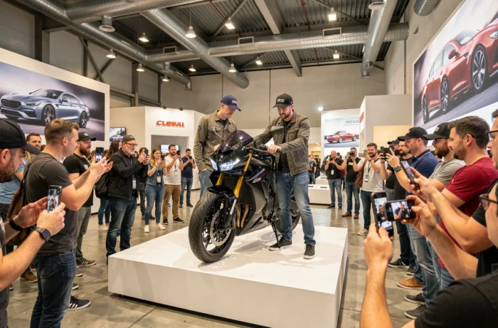 Couple de visiteurs photographiant une moto concept sur un podium au Salon de Milan 2026