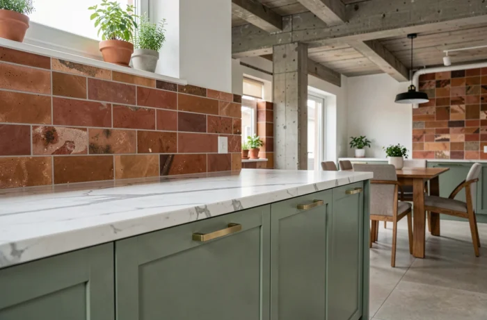 Cuisine contemporaine ouverte avec façades vert sauge, plan de travail en marbre blanc et crédence en carreaux de terre cuite