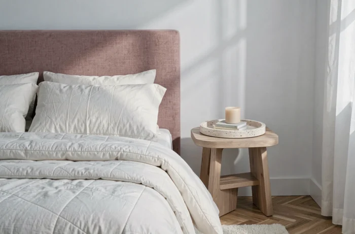 Coin chambre élégant avec tête de lit en lin rose poudré, literie en coton quilté et table de chevet en frêne avec plateau en travertin