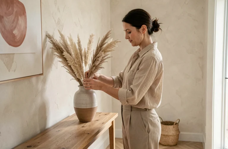 Femme arrangeant des herbes de la pampa dans un vase céramique sur une console en bois dans un couloir décoré style scandinave
