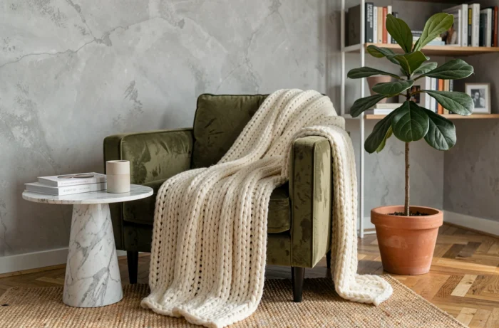 Coin salon cosy avec fauteuil en velours olive, plaid en laine, table en marbre et plante figuier dans un appartement moderne