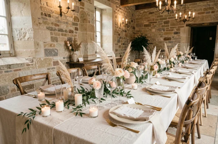 Table de réception de mariage décorée avec des fleurs roses, bougies et vaisselle dorée dans une salle de réception en pierre au style rustique chic