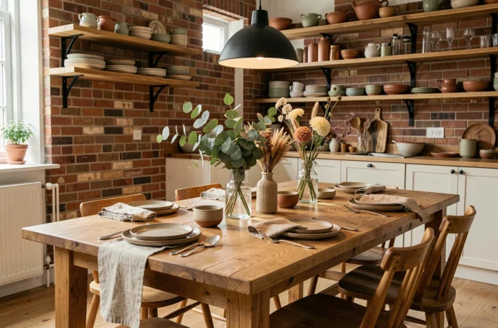 Table de salle à manger en chêne décorée avec vaisselle en céramique artisanale, serviettes en lin et vases séchés dans une cuisine ouverte avec mur en briques