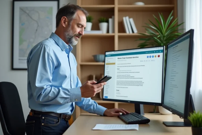 Homme consultant l'application UPS sur smartphone pour déposer une réclamation de colis perdu depuis son bureau