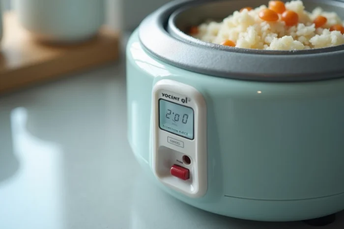 Gros plan sur le panneau de commande et l'évent vapeur du cuiseur à riz Ravanson KR-7010 en cours de cuisson