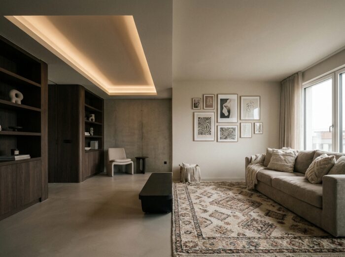 Séjour moderne illustrant la différence entre architecture d'intérieur structurelle et décoration ornementale dans un même espace