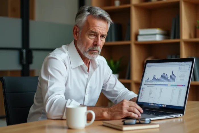 Dirigeant d'entreprise analysant des données de transformation numérique sur ordinateur portable dans un bureau privé minimaliste