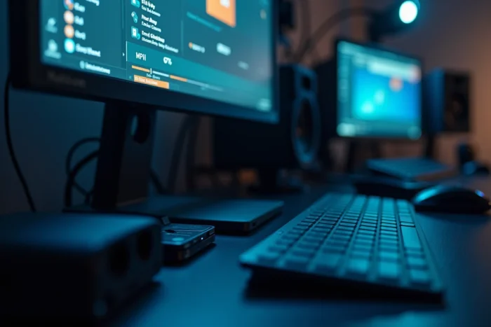 Écran d'un logiciel de conversion vidéo affichant des options de format MP4 et AVI sur un bureau professionnel