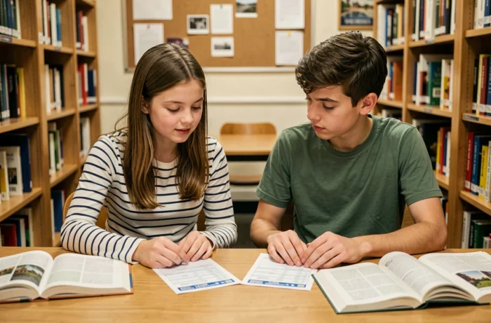 Deux élèves au lycée comparant leurs bulletins scolaires avec une moyenne de 13 en bibliothèque