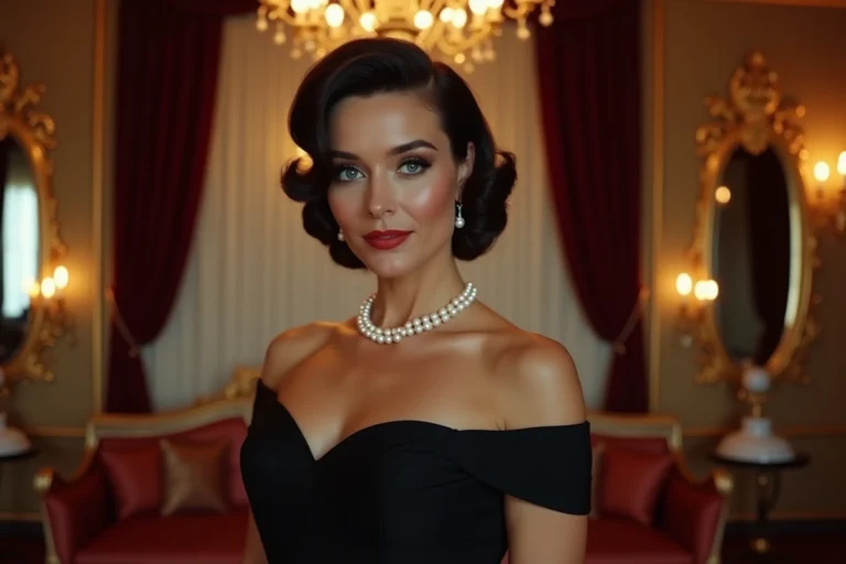 Femme élégante aux yeux violets inspirée du glamour hollywoodien classique des années 1950, dans une robe noire sophistiquée