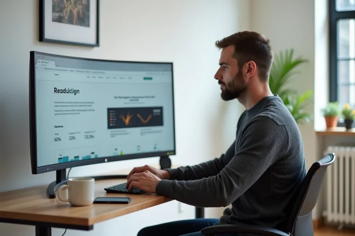 Entrepreneur concentré travaillant sur une stratégie de visibilité digitale depuis son bureau à domicile