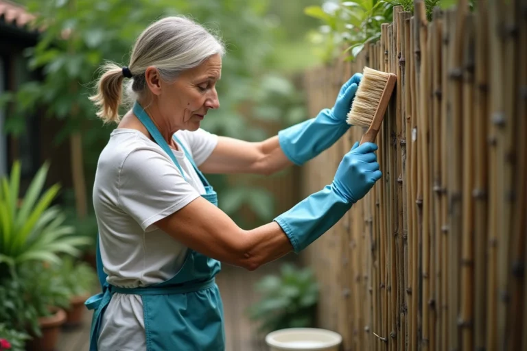 Femme entretenant une clôture en bambou avec une solution nettoyante dans un jardin