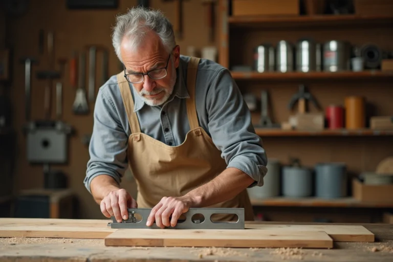 Artisan utilisant une équerre de menuisier en acier pour tracer un angle droit sur une planche de bois brut dans un atelier de bricolage