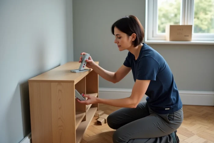 Femme vérifiant l'équerrage d'une étagère en cours de montage à domicile avec une petite équerre plastique