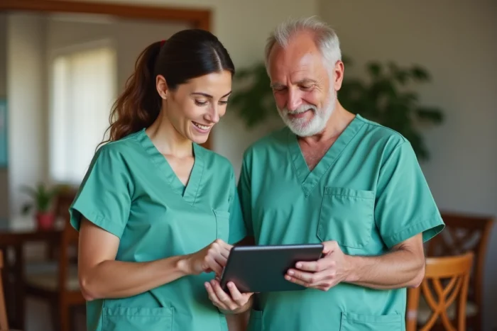 Deux aides-soignants discutant du référentiel métier 2026 sur une tablette numérique dans un établissement de soins