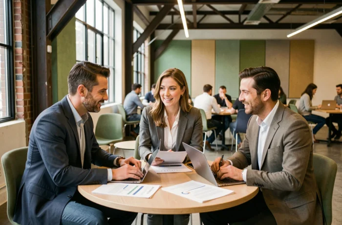 Équipe de décideurs en entreprise collaborant autour de rapports stratégiques et tendances dans un espace de co-working contemporain
