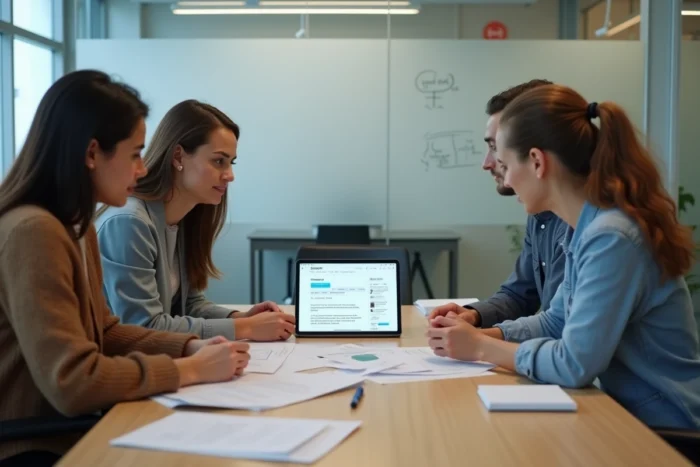 Équipe de collègues en réunion analysant les résultats de ChatGPT sur une tablette pour évaluer son impact sur la productivité
