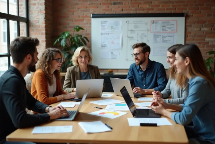 Équipe de professionnels collaborant autour d'une stratégie digitale dans un espace de coworking moderne