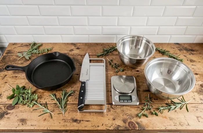 Disposition à plat d'équipements de cuisine essentiels sur un plan de travail en bois dans une cuisine moderne