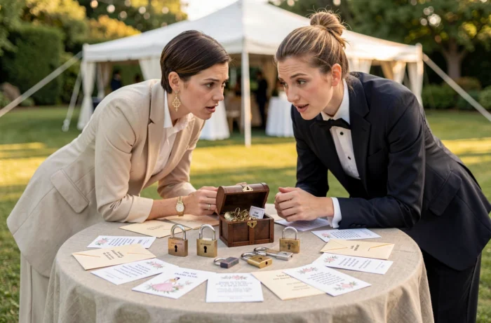 Des invités participent à un escape game miniature organisé pendant le vin d'honneur du mariage