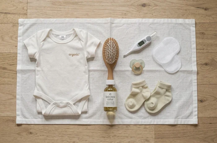 Vue de dessus des essentiels pour nouveau-né soigneusement disposés sur un tissu de lin blanc, incluant body, tétine, brosse et thermomètre