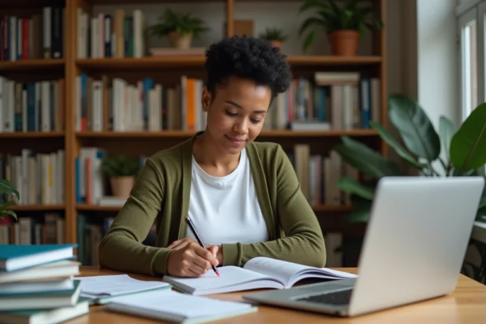 Femme adulte étudiant des manuels de kinésithérapie à un bureau à domicile, en cours de reconversion professionnelle depuis le métier d'infirmière