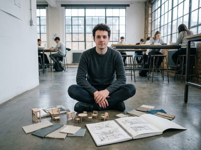 Étudiant en design d'intérieur assis entouré de maquettes de mobilier et d'échantillons de matériaux dans un atelier d'école d'architecture