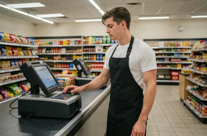 Jeune étudiant travaillant comme caissier en supermarché dans le cadre d'un emploi étudiant