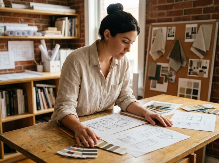 Étudiante en architecture d'intérieur penchée sur une table à dessin couverte de plans et croquis de mobilier dans un studio de design