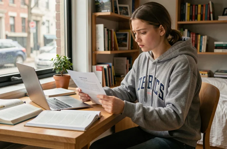 Étudiante révisant un contrat de travail étudiant à son bureau avec des livres universitaires