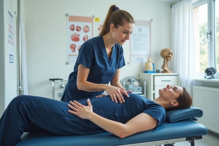 Étudiante en kinésithérapie pratiquant une mobilisation d'épaule sur un patient dans une clinique universitaire, représentant les stages pratiques lors d'une reconversion depuis infirmière