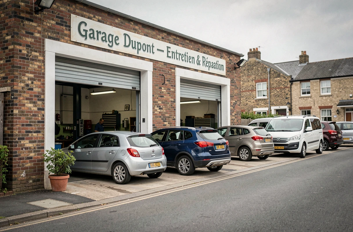 Façade extérieure d'un garage automobile indépendant avec des voitures garées devant pour entretien et réparation
