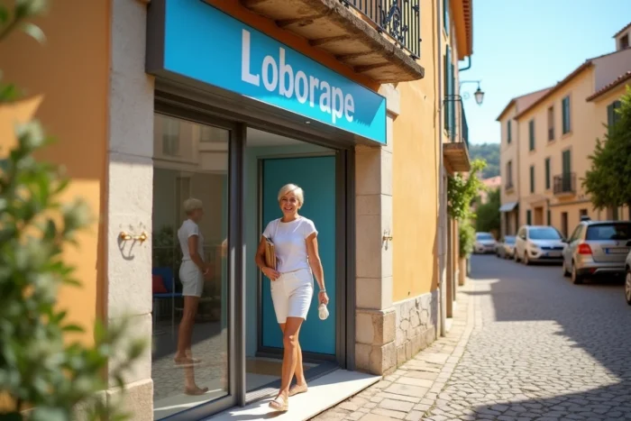 Façade d'un laboratoire d'analyses médicales dans un village provençal proche du Cannet des Maures avec une patiente entrant dans l'établissement