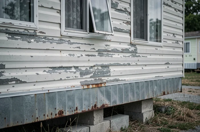 Détail de la façade vieillie d'un mobil-home de plus de 20 ans montrant des signes d'usure et de corrosion