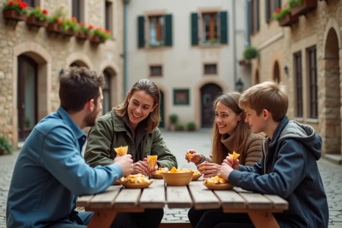 Famille dégustant des spécialités alsaciennes en plein air dans le village médiéval de La Petite Pierre