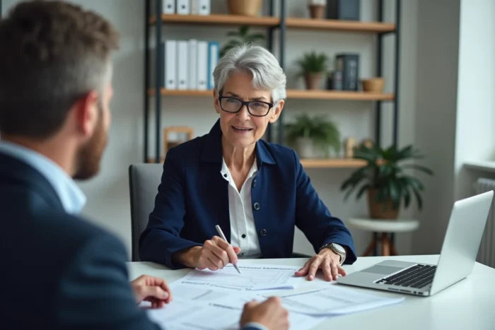 Femme de 60 ans en rendez-vous avec un conseiller retraite dans un bureau moderne pour valider ses trimestres et partir à la retraite