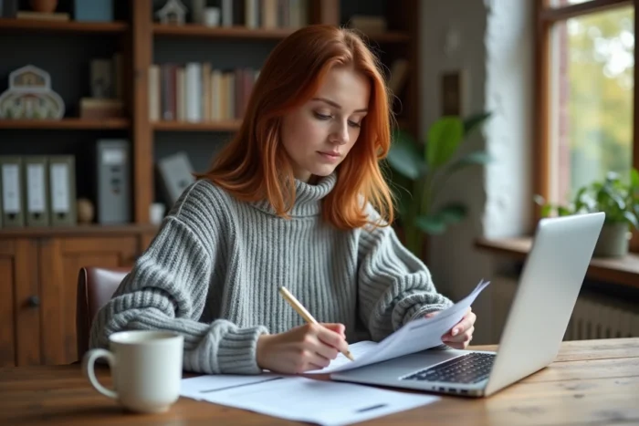 Jeune femme analysant des documents de prêt immobilier à son bureau à domicile