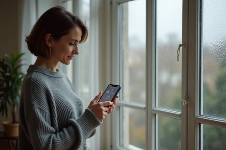 Femme consultant une application météo sur smartphone près d'une fenêtre avec ciel nuageux, comparant les prévisions de La Chaîne Météo et Météo France