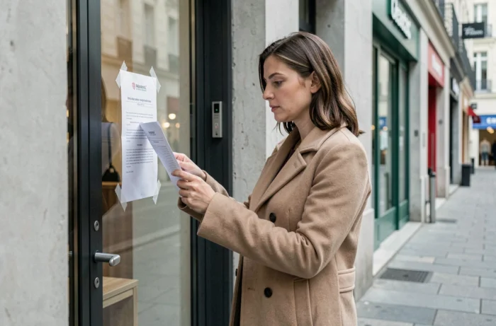 Une femme lit un avis de fermeture affiché sur la vitrine d'un commerce à Strasbourg