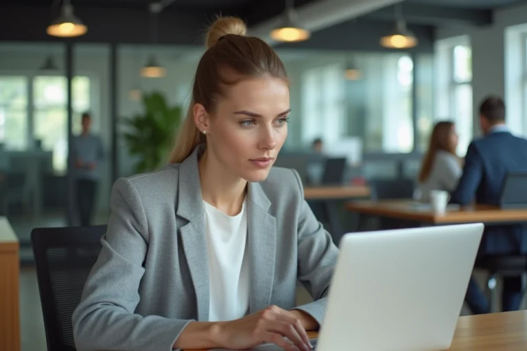 Femme professionnelle utilisant ChatGPT sur son ordinateur portable dans un bureau moderne pour améliorer sa productivité