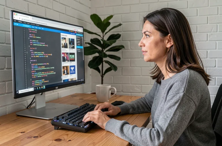 Femme utilisant un ordinateur dans un bureau moderne pour consulter des actualités informatiques