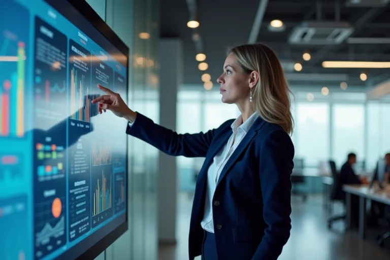 Femme cadre analysant des tableaux de bord numériques sur écran tactile dans un bureau moderne, illustrant la digitalisation des entreprises