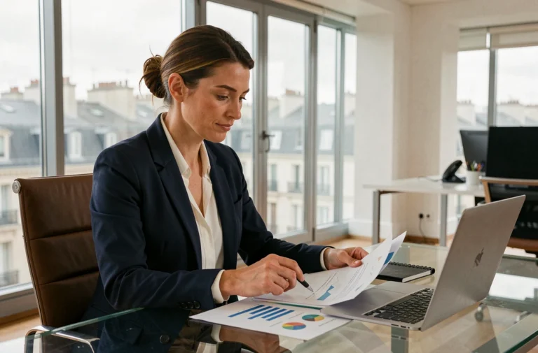 Femme cadre supérieure en blazer marine analysant des documents financiers dans un bureau moderne à Paris, illustration des métiers bien rémunérés en France