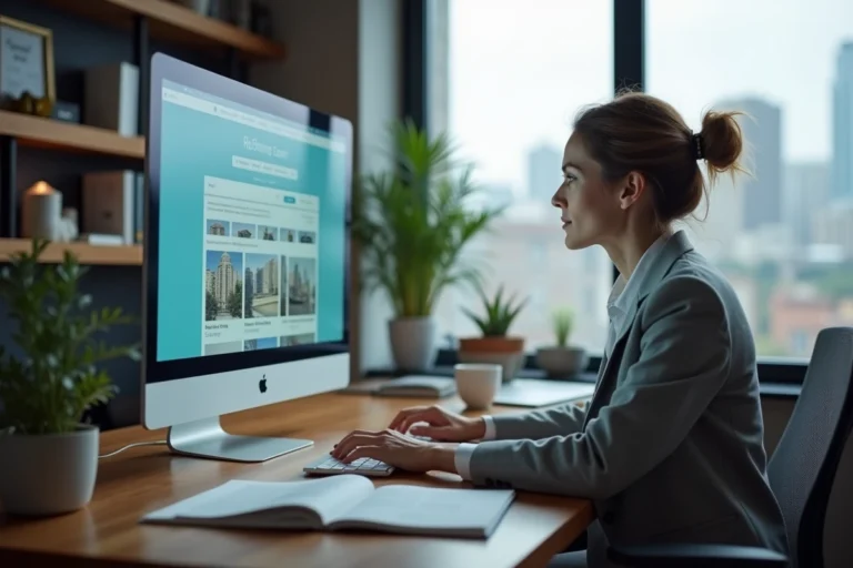 Femme professionnelle consultant un plan de site immobilier sur un ordinateur de bureau dans un bureau moderne