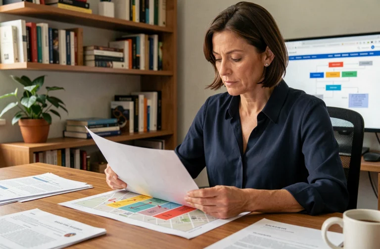 Femme consultant un plan de site imprimé à son bureau, illustrant l'organisation et la navigation d'un site web